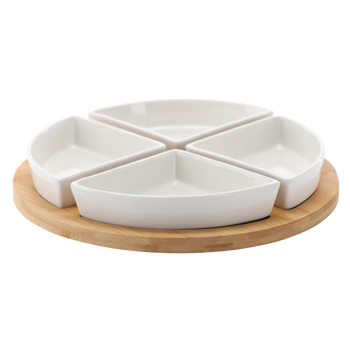 KPL. DO SERWOWANIA PRZYSTAWEK - 4 MISECZKI PORCELANOWE Z OKRĄGŁĄ BAMBUSOWĄ TACKĄ 30x4CM *7286