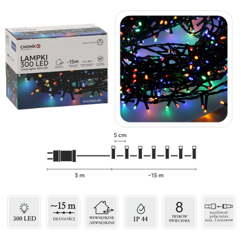 LAMPKI LED 300L MULTIKOLOR DŁ. 3 + 15 M WEWN/ZEWN *9522