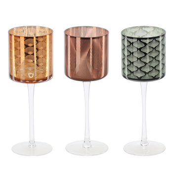 ŚWIECZNIK SZKLANY NA TEALIGHTA 9 x 24,8 CM NA NÓŻCE - ELEGANT MIX WZORÓW *2225