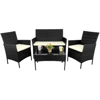 SET DE MOBILĂ DIN RATTAN (CANAPEA, 2 FOTOLII, MASĂ) NEGRU + CREM. POD. *0849