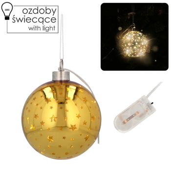 ORNAMENT DECORATIV DIN sticlă FI 10 CM LED BOMBĂ AURIE CU STELE ambalaj=6buc *2768