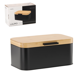 CHLEBAK LAURO - METALIC CU CAPAC DIN BAMBUS 30 x 23 x 18 x 15 CM NEGRU *3192