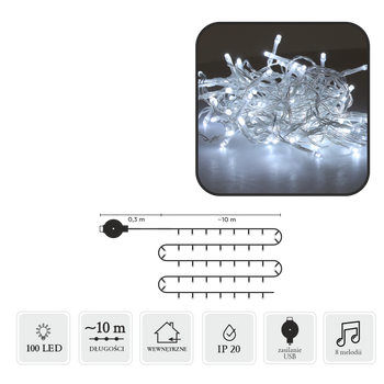 LAMPKI LED Z MELODIĄ USB 100L ZIMNY BIAŁY, DŁ. 0,3 + 10 M *8509