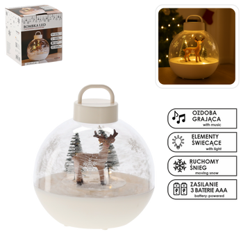 ORNAMENT DE CRĂCIUN BOMBĂ 15 X 15 X 17 CM CU MUZICĂ LED - ALB - REN FOTOGRAF *3504