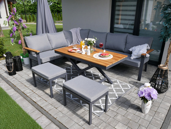 HLINÍKOVÝ TEAKOVÝ ZÁHRADNÝ NÁBYTOK (ROHOVÁ SOFA + STÔL + 2 TABURETY) ANTRACITOVÁ + ŠEDÉ VANKÚŠE *0411