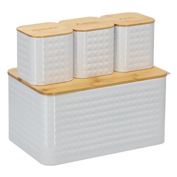 CHLEBAK SABIO - EMALIOWANY Z POKRYWĄ BAMBUSOWĄ 35 x 23 x 18,5 CM BIAŁY + 3 POJEMNIKI 11,5 X 11,5 X 12 CM *8848