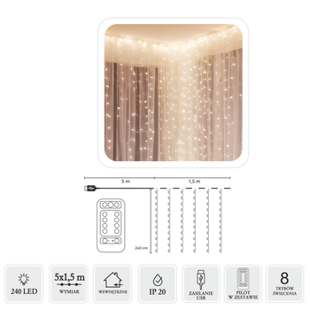 KURTYNA ŚWIETLNA DRUCIKI 240L CIEPŁY BIAŁY, 5 x 1,5 M, USB, Z PILOTEM *8462