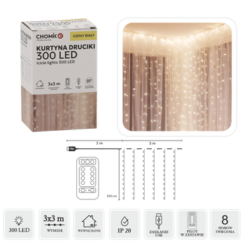 OSVETLENIE ZÁVES DRÔTIKY 300L TEPLÁ BIELA, 3 x 3 M, USB, S DIAĽKOVÝM OVLÁDAČOM *9997