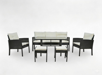 ZESTAW MEBLI RATTANOWYCH "VADUZ" (SOFA + 2 FOTELE + 2 PUFY + STÓŁ) CZARNY + KREMOWE PODUSZKI