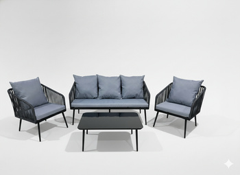 ZESTAW MEBLI OGRODOWYCH Z PLECIONEJ LINY (2 FOTELE + SOFA + STOLIK) - ANTRACYT, PODUSZKI - SZARE